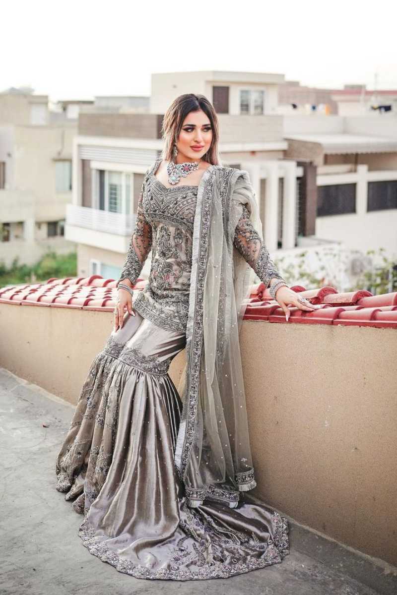 Pakistani Silver Grey Embellished Net Peplum Gharara (3-Piece) - Image 1