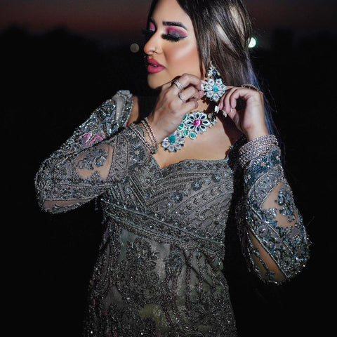 Pakistani Silver Grey Embellished Net Peplum Gharara (3-Piece) - Image 4