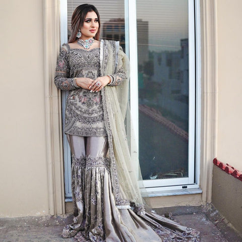 Pakistani Silver Grey Embellished Net Peplum Gharara (3-Piece) - Image 5