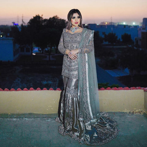 Pakistani Silver Grey Embellished Net Peplum Gharara (3-Piece) - Image 6