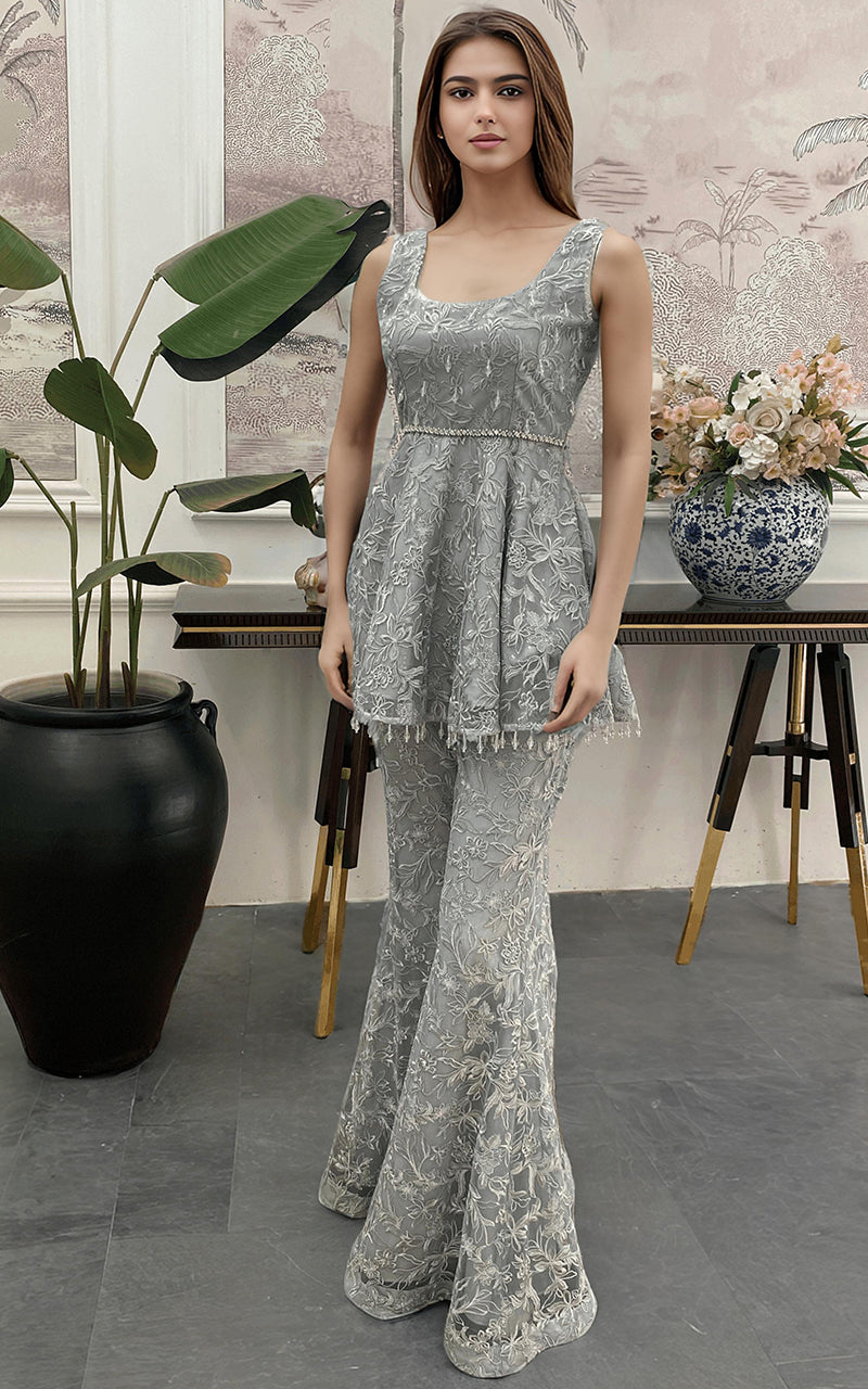 Silver Grey Embroidered Net Peplum Gharara (2-Piece) - Image 1