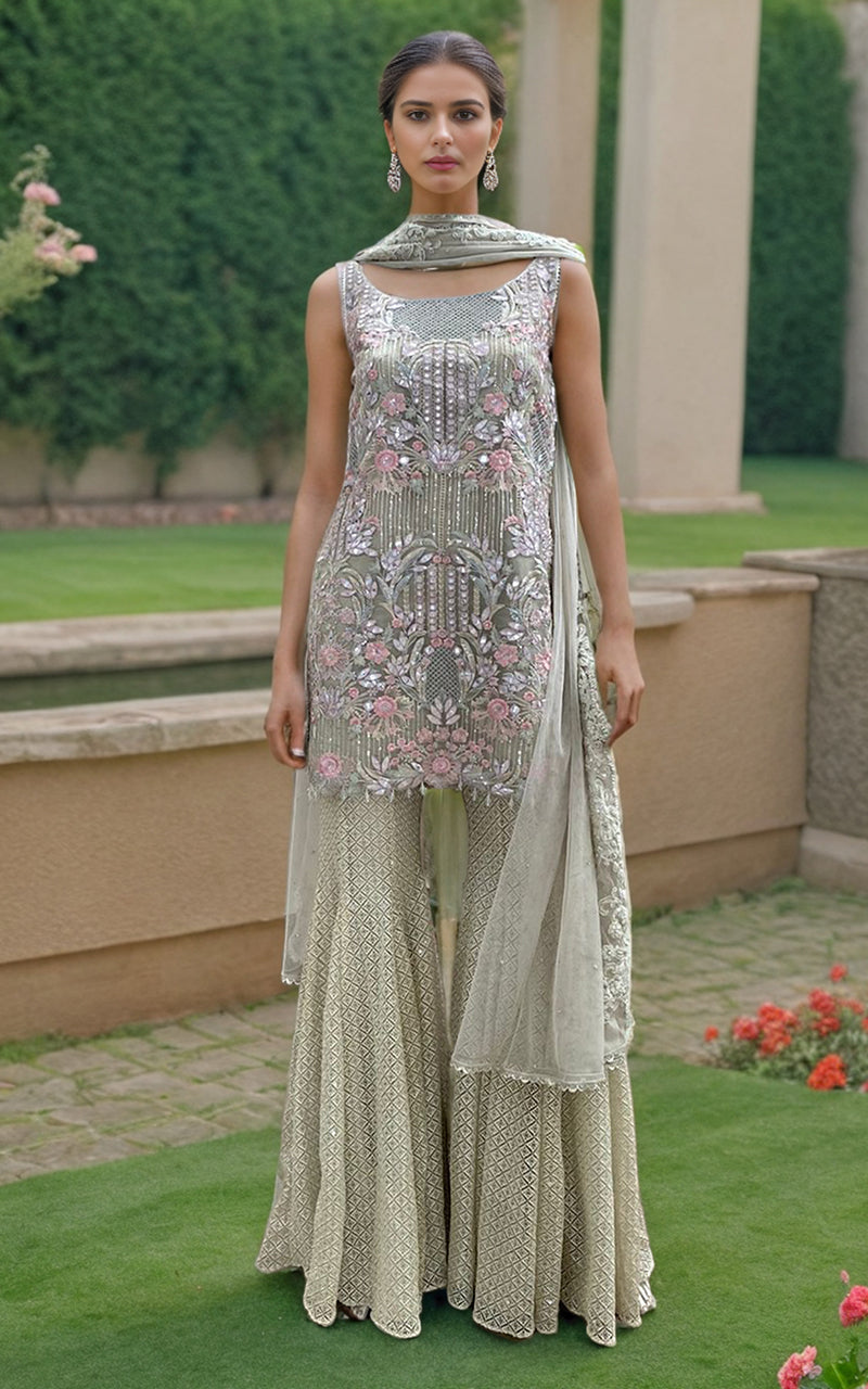 Silver Embroidered Organza Gharara Set (3-Piece) - Image 1