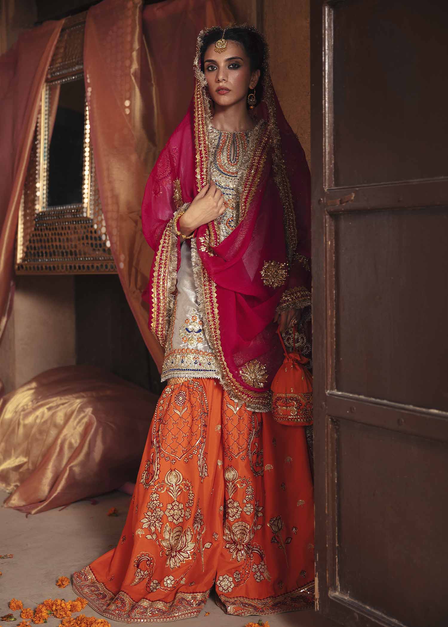 Pakistani Silver Embroidered Tissue Shirt with Tangerine Silk Gharara (3-Piece) - Image 1