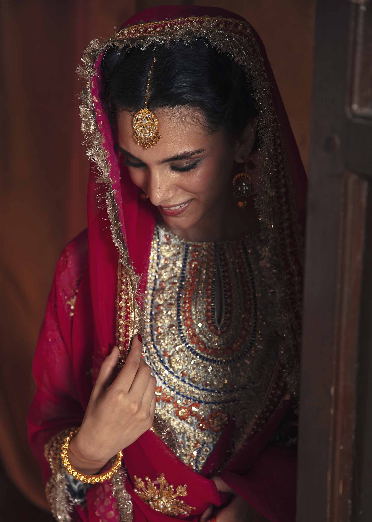 Pakistani Silver Embroidered Tissue Shirt with Tangerine Silk Gharara (3-Piece) - Image 3