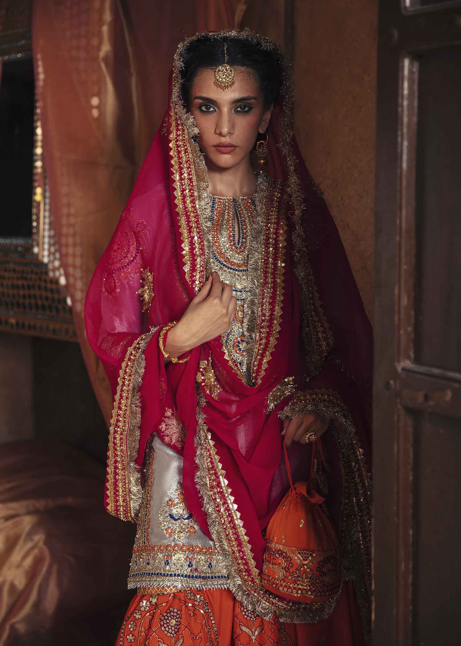 Silver Embroidered Tissue Shirt with Tangerine Silk Gharara (3-Piece) - Image 4