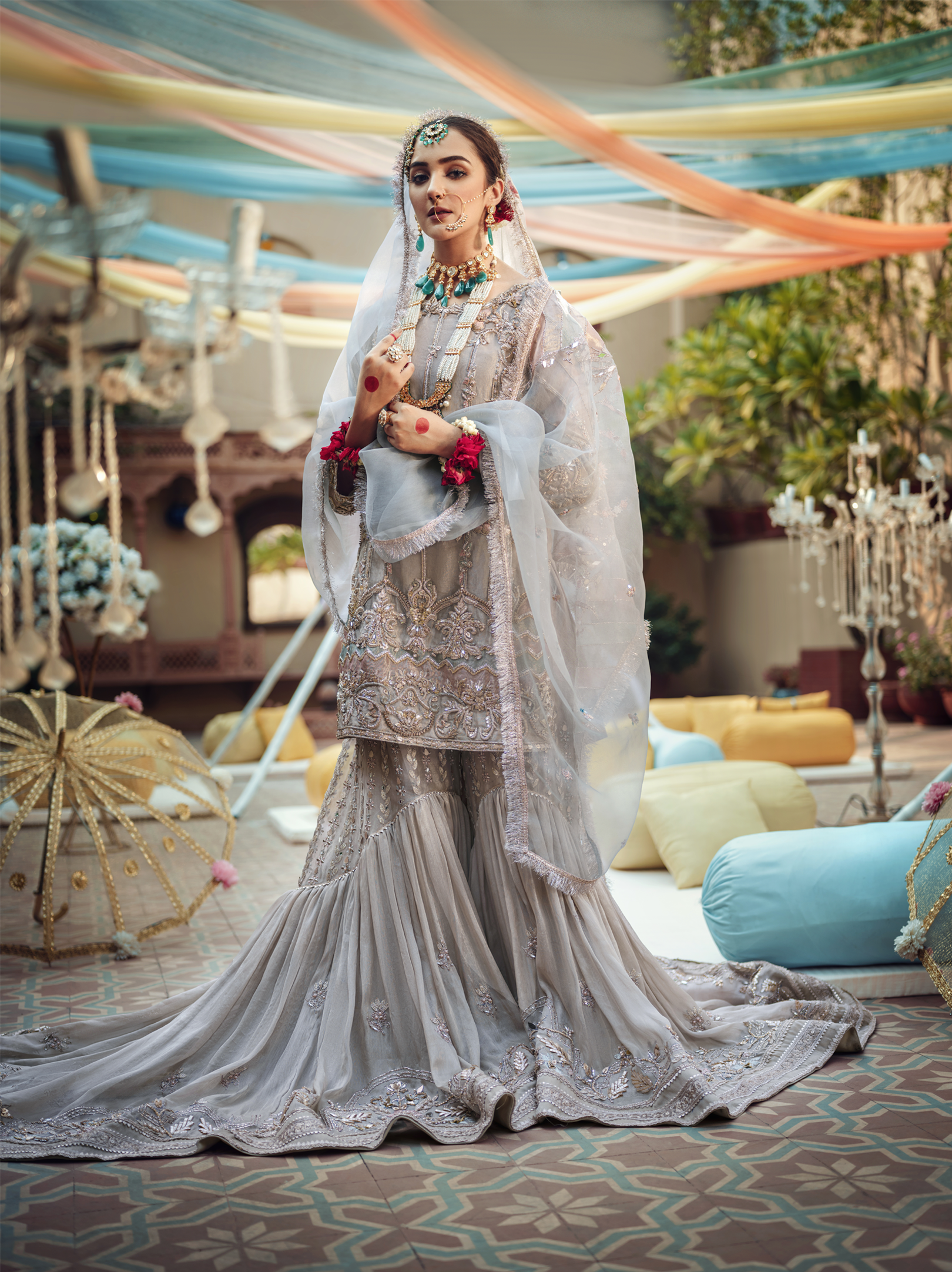 Pakistani Pastel Silver-Grey Embroidered Tissue Farshi Gharara (3-Piece) - Image 1