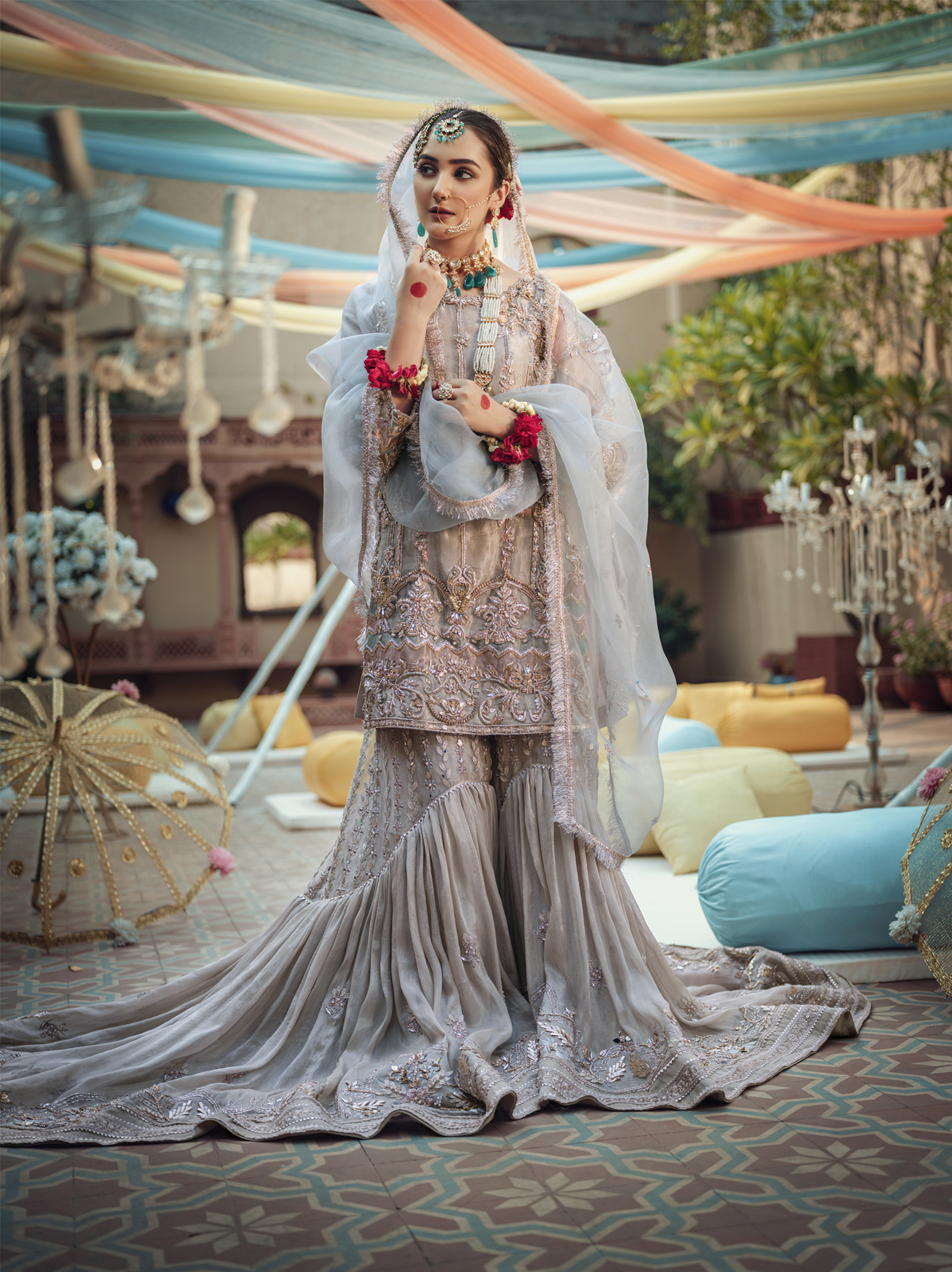 Pakistani Pastel Silver-Grey Embroidered Tissue Farshi Gharara (3-Piece) - Image 2