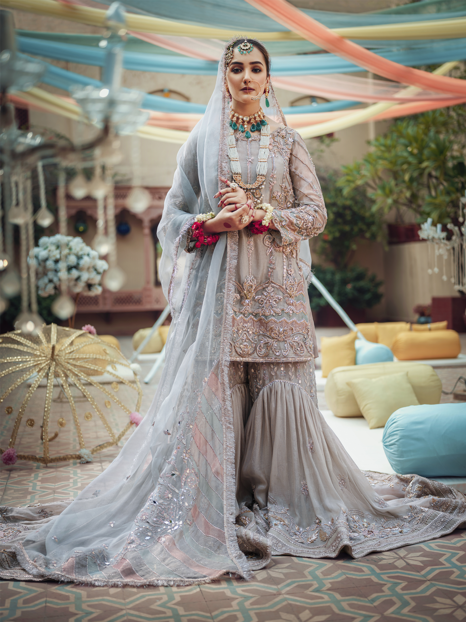 Pakistani Pastel Silver-Grey Embroidered Tissue Farshi Gharara (3-Piece) - Image 3