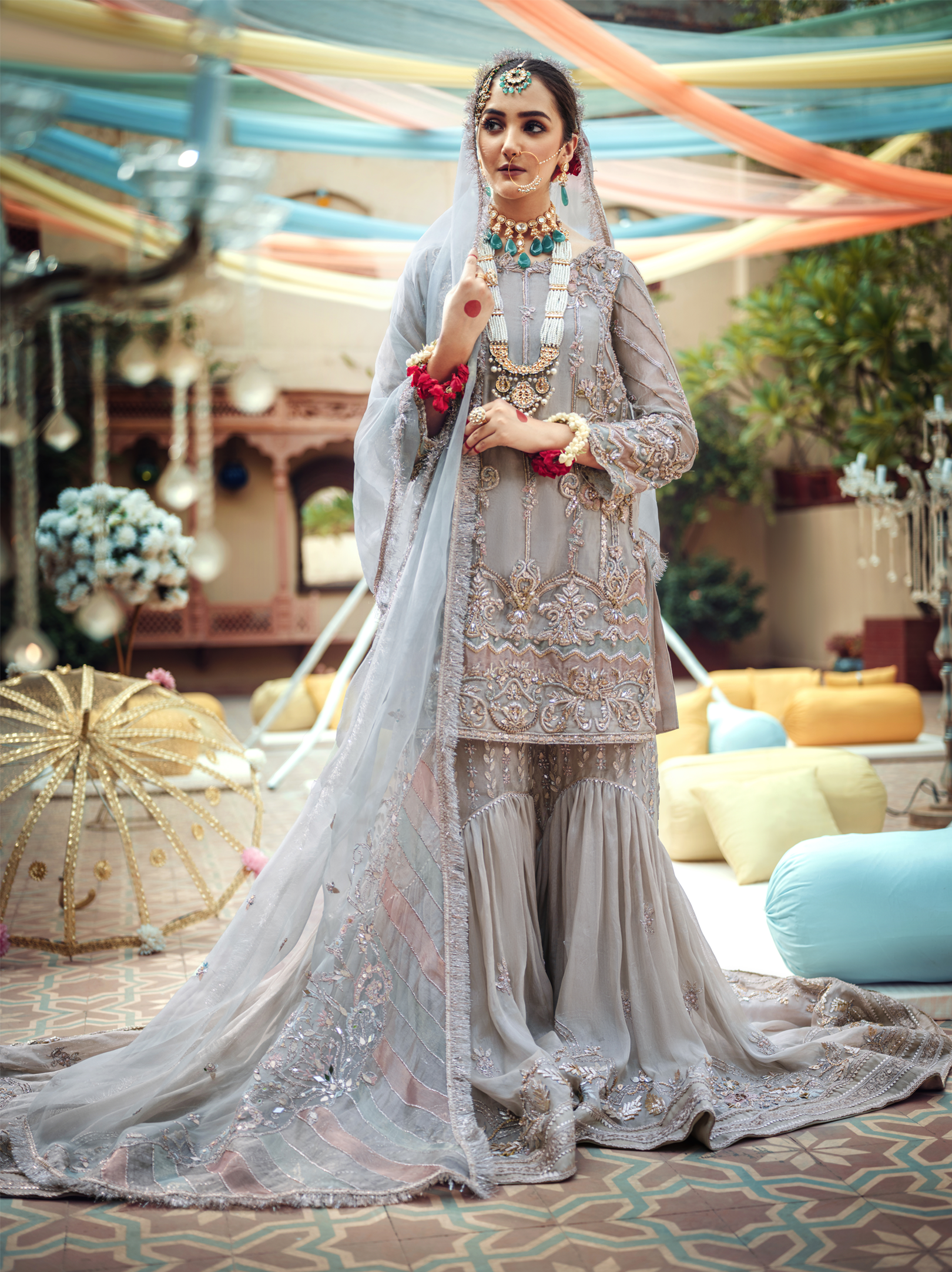 Pakistani Pastel Silver-Grey Embroidered Tissue Farshi Gharara (3-Piece) - Image 4