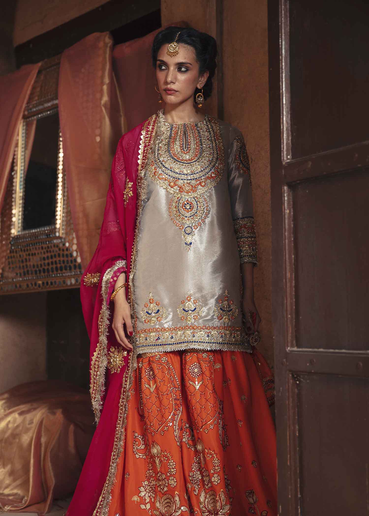 Silver Embroidered Tissue Shirt with Tangerine Silk Gharara (3-Piece) - Image 2