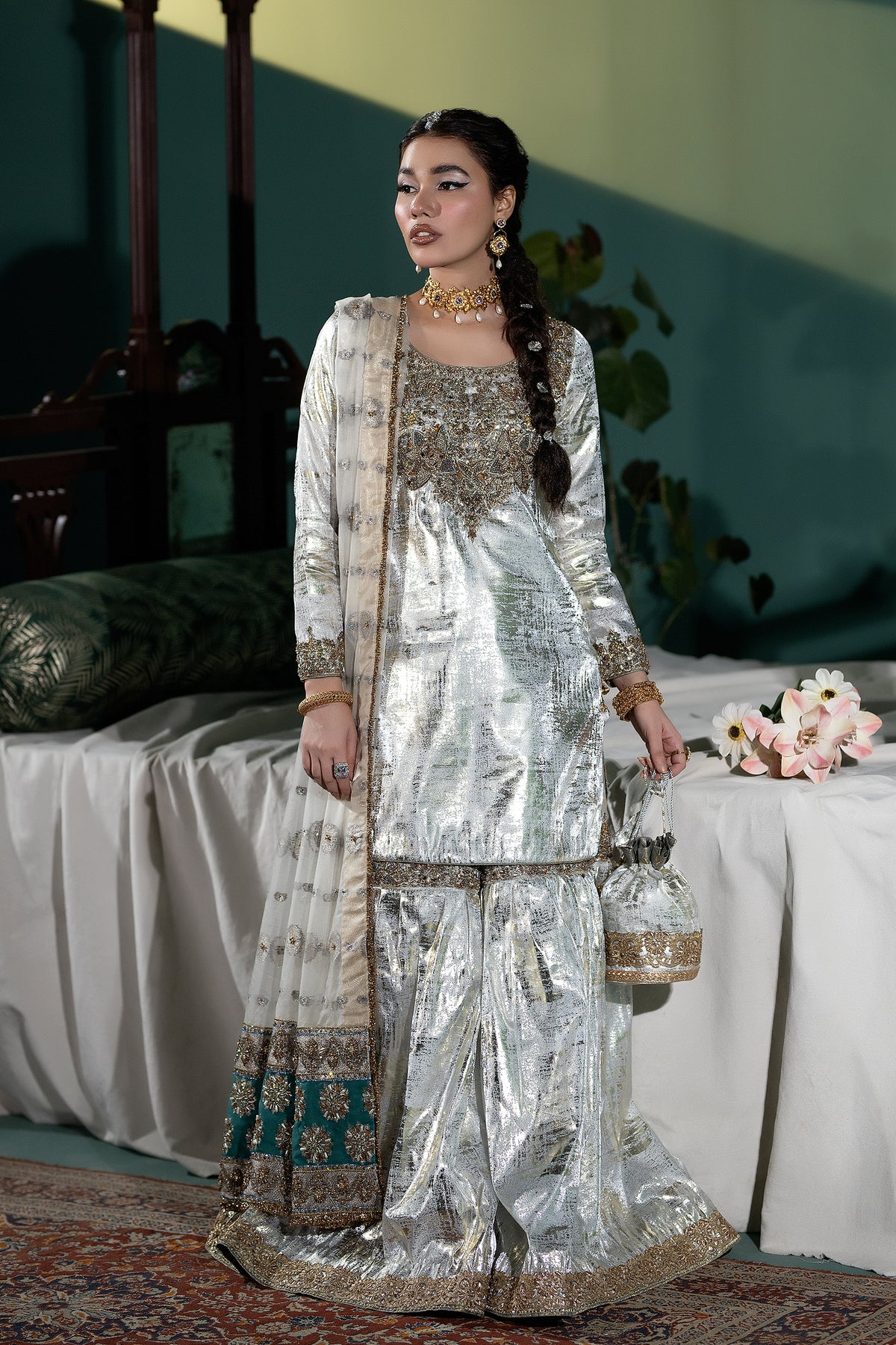 Silver Embellished Tissue Silk Gharara (3-Piece) - Image 1