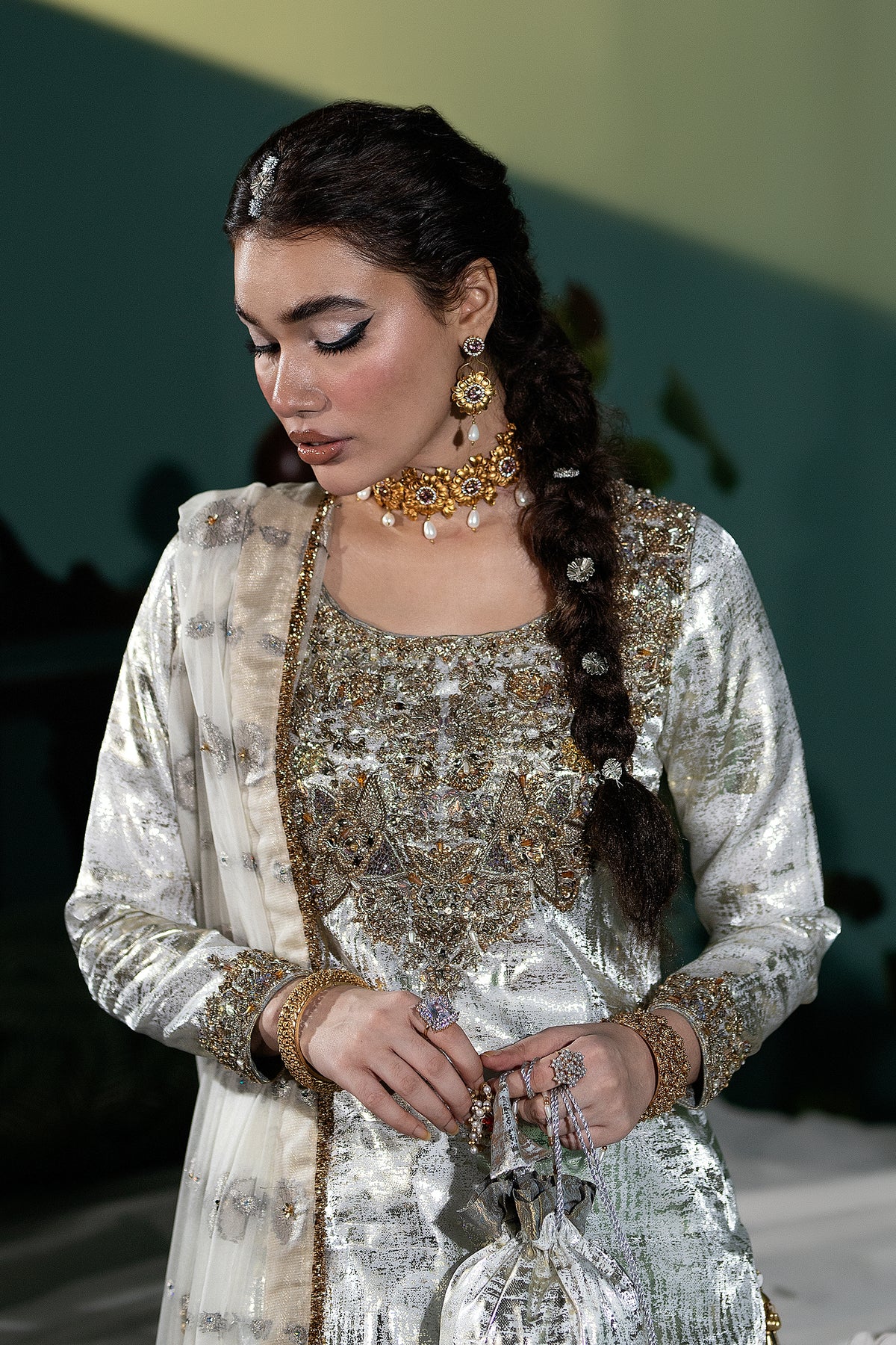 Silver Embellished Tissue Silk Gharara (3-Piece) - Image 3