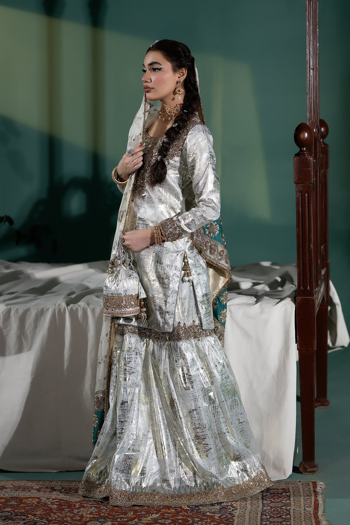Silver Embellished Tissue Silk Gharara (3-Piece) - Image 4