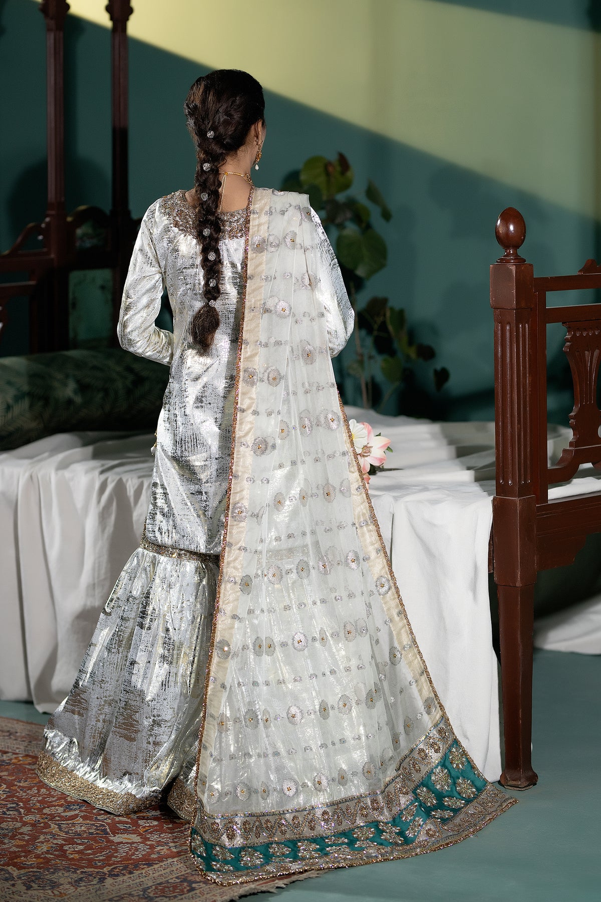 Silver Embellished Tissue Silk Gharara (3-Piece) - Image 5