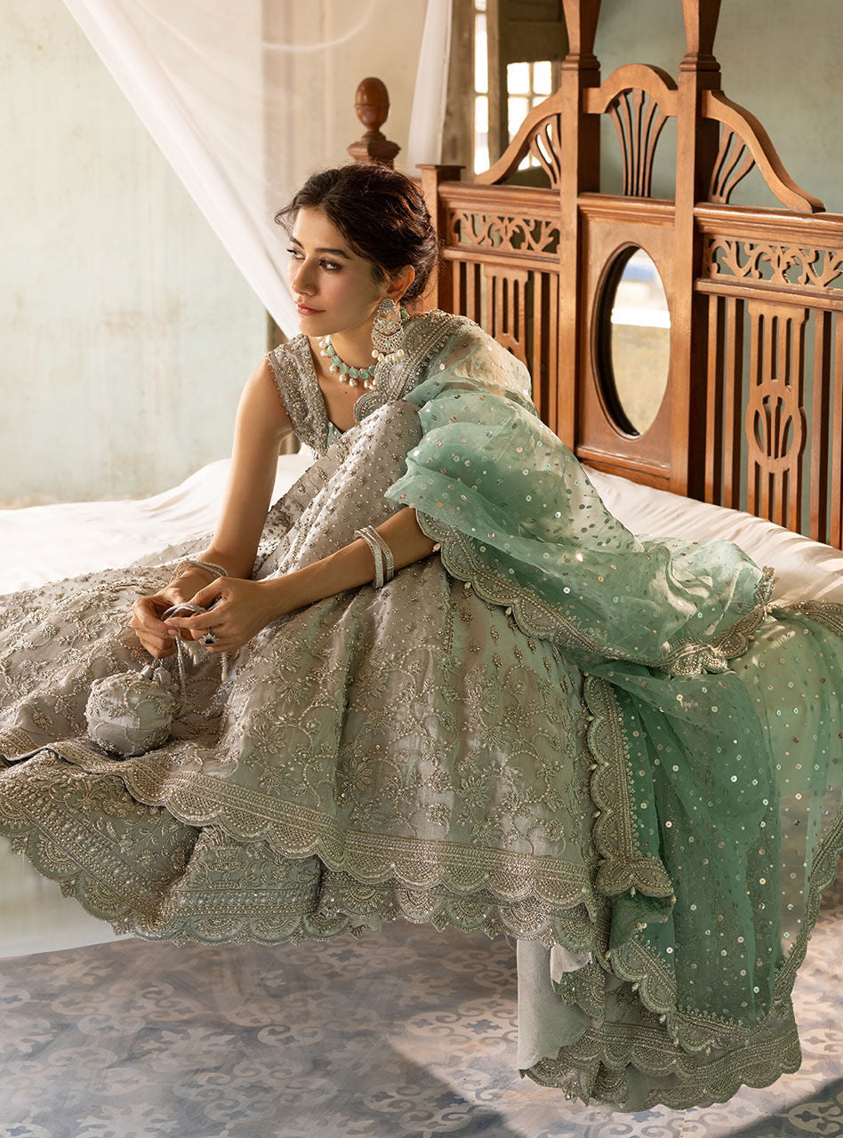 Pakistani Silver Embroidered Brocade Bridal Gown (2-Piece) - Image 10