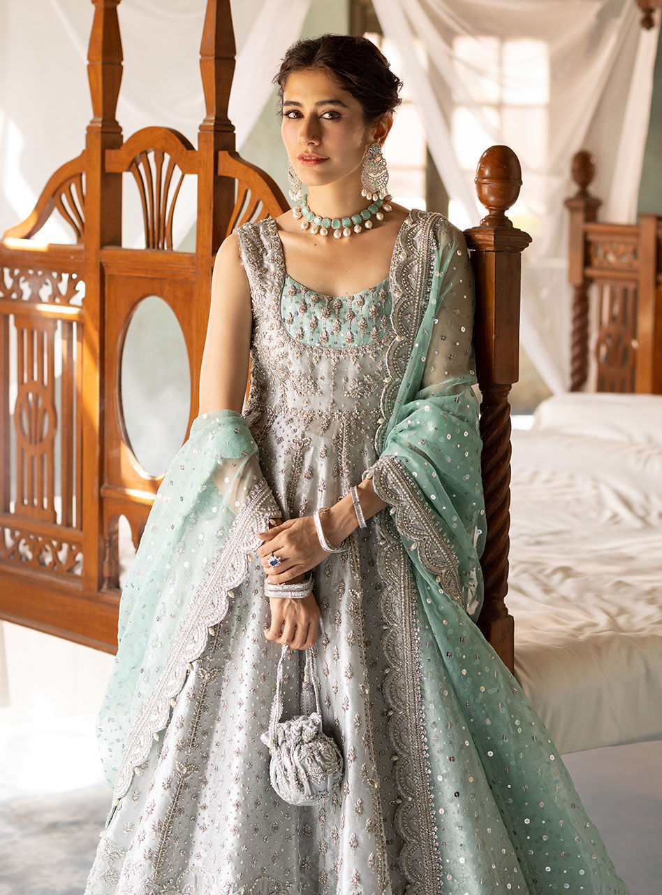 Pakistani Silver Embroidered Brocade Bridal Gown (2-Piece) - Image 12