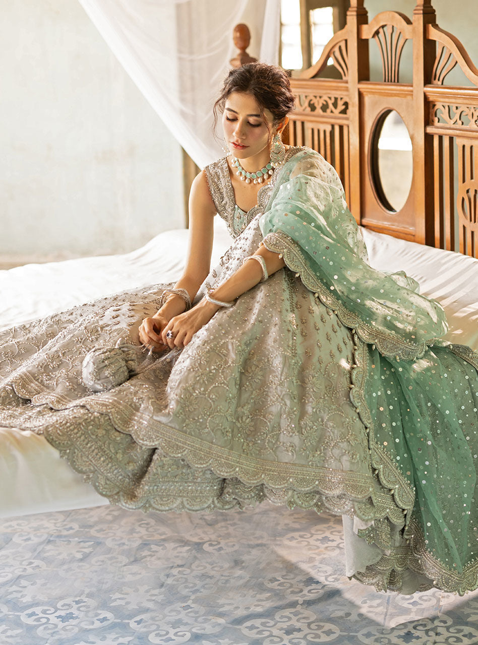 Pakistani Silver Embroidered Brocade Bridal Gown (2-Piece) - Image 13