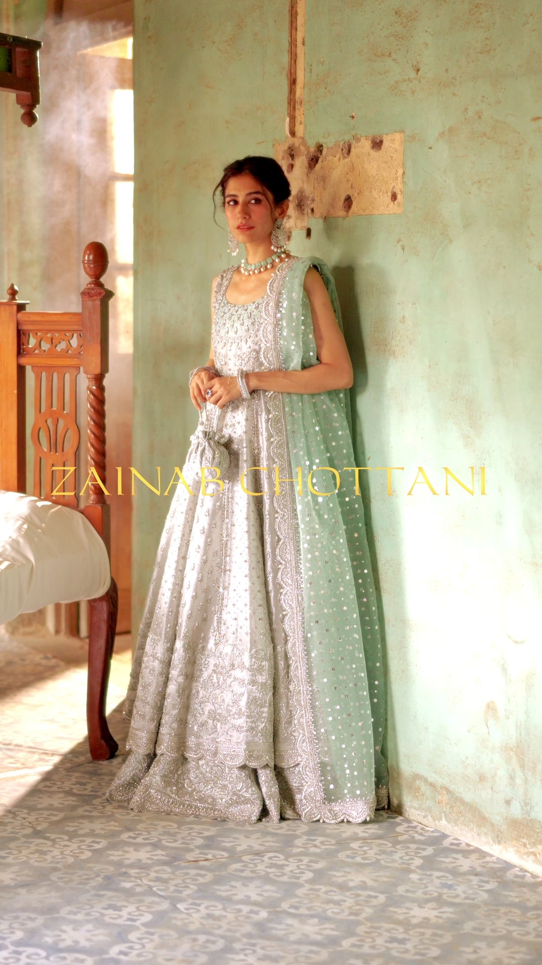 Pakistani Silver Embroidered Brocade Bridal Gown (2-Piece) - Image 17