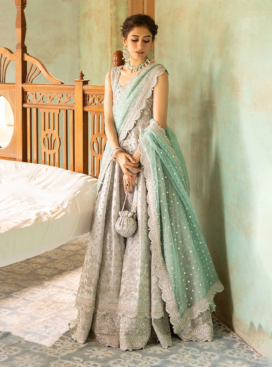 Pakistani Silver Embroidered Brocade Bridal Gown (2-Piece) - Image 3