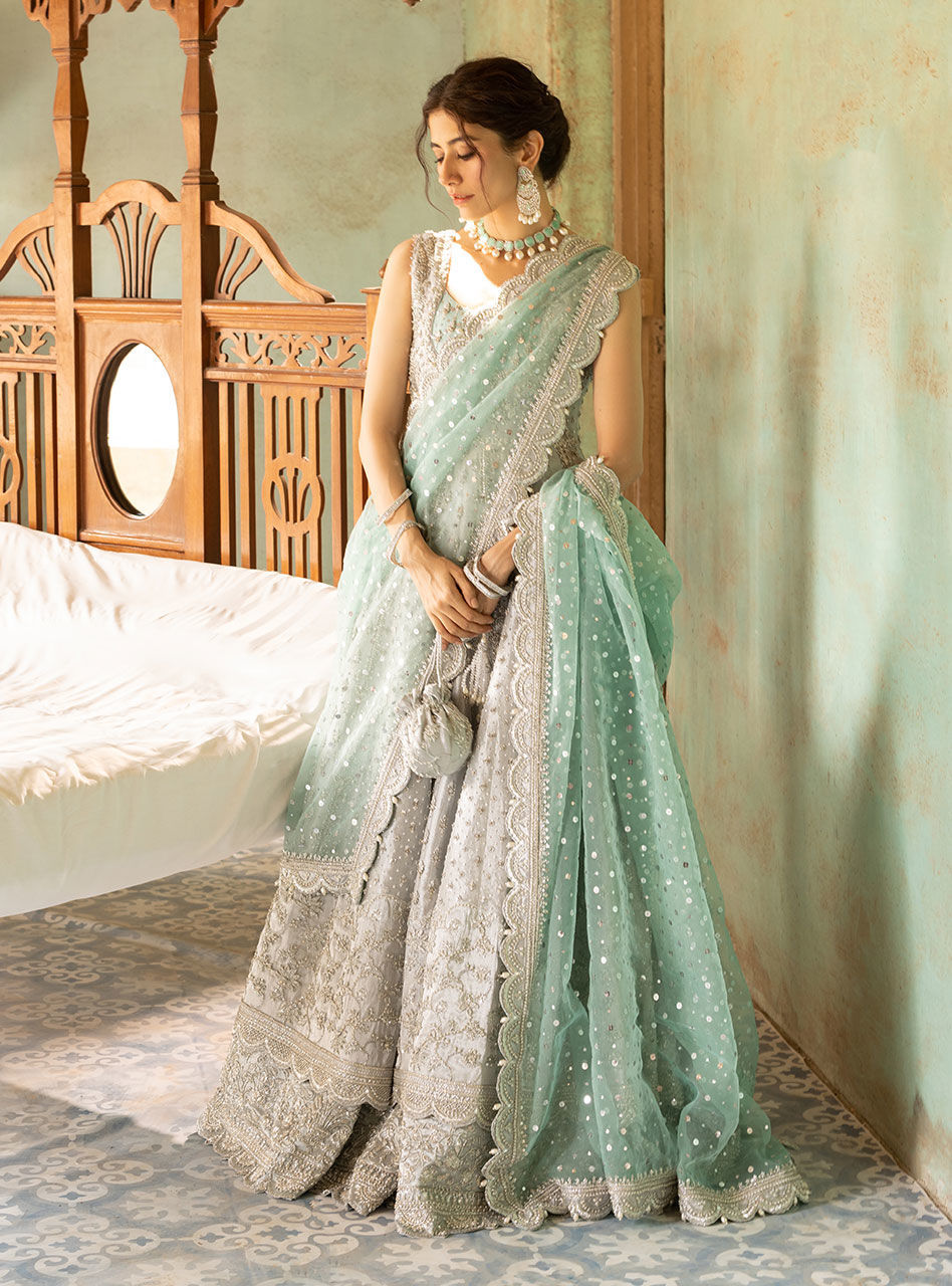 Pakistani Silver Embroidered Brocade Bridal Gown (2-Piece) - Image 4