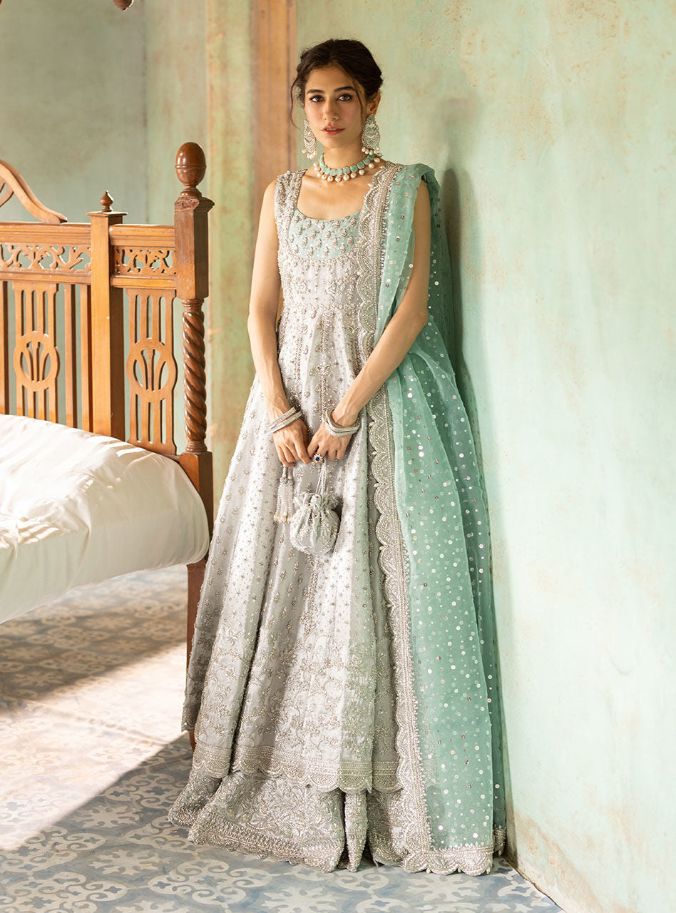 Pakistani Silver Embroidered Brocade Bridal Gown (2-Piece) - Image 5