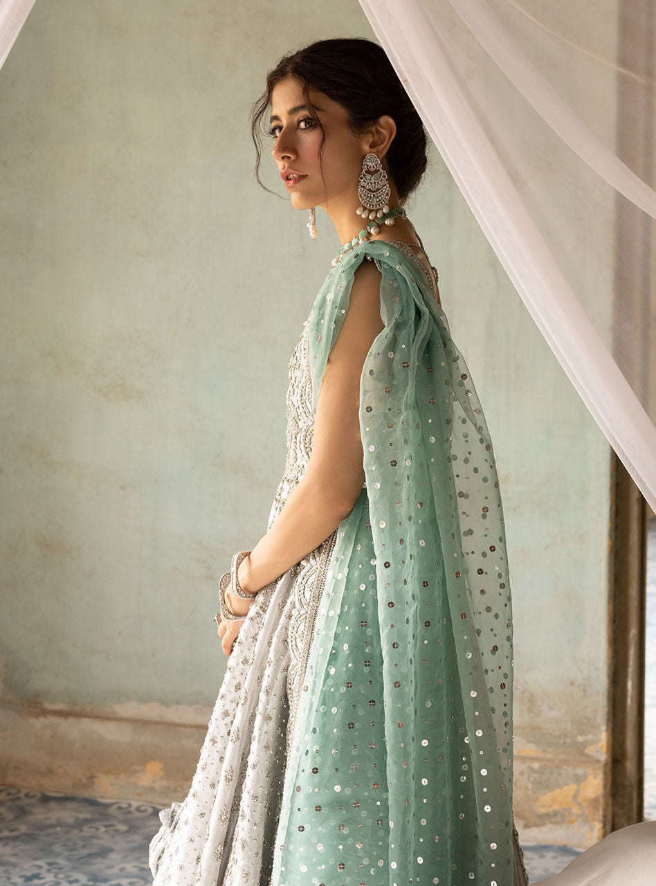 Pakistani Silver Embroidered Brocade Bridal Gown (2-Piece) - Image 6