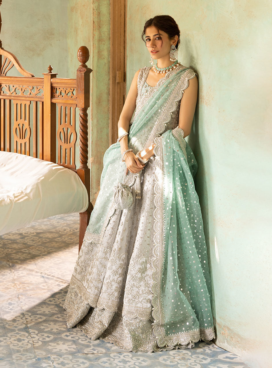 Pakistani Silver Embroidered Brocade Bridal Gown (2-Piece) - Image 8