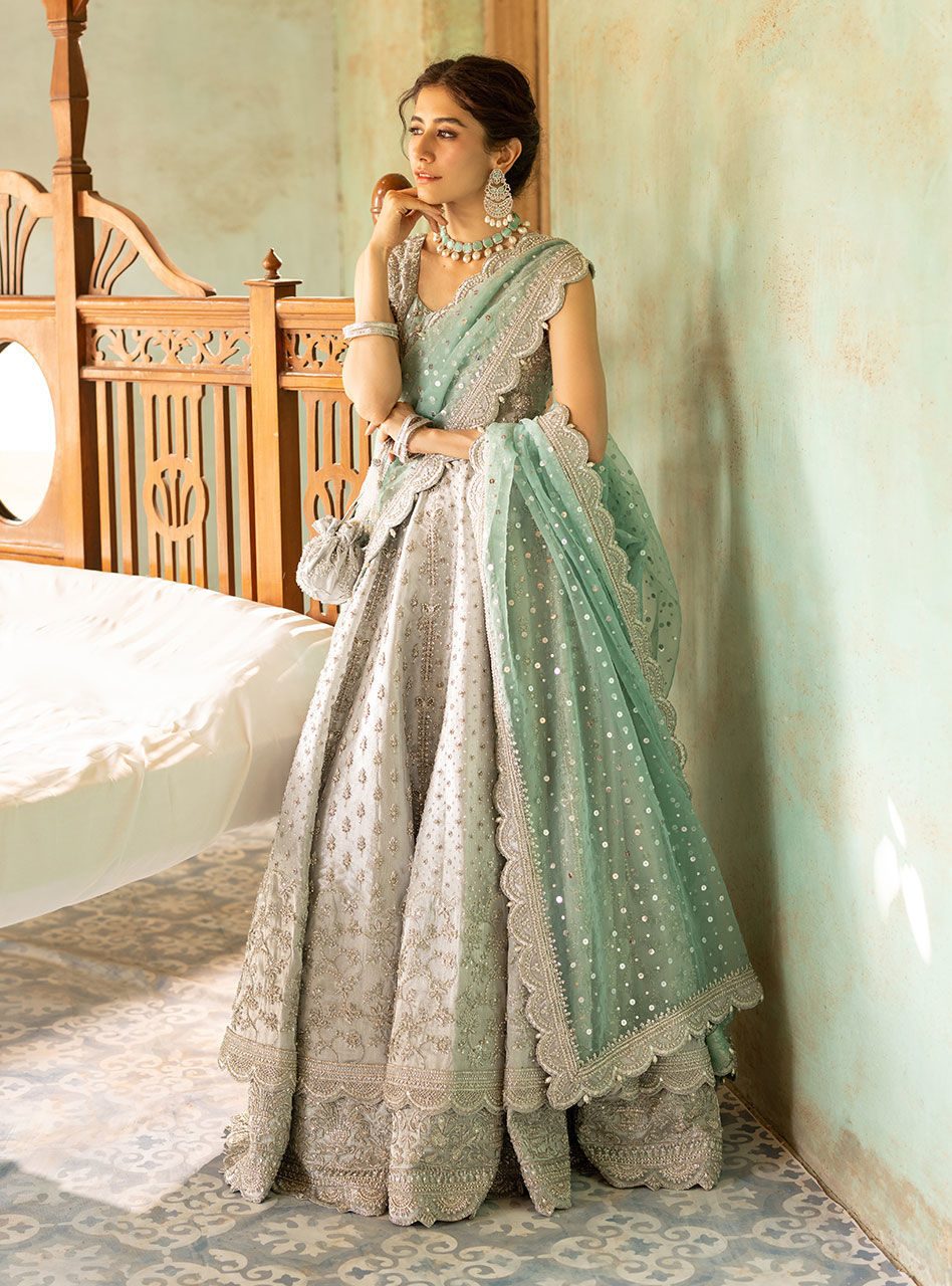 Pakistani Silver Embroidered Brocade Bridal Gown (2-Piece) - Image 1