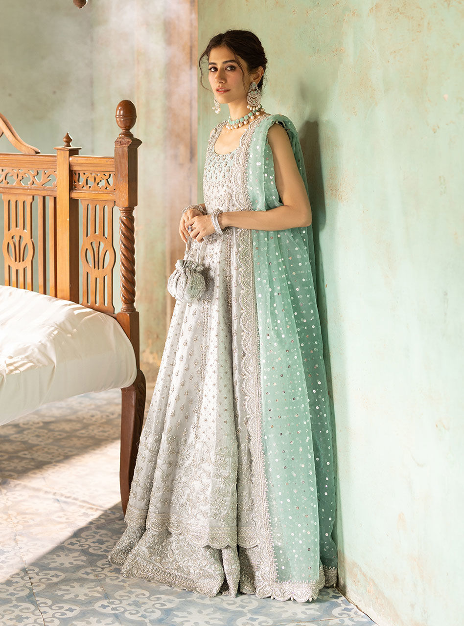 Pakistani Silver Embroidered Brocade Bridal Gown (2-Piece) - Image 11