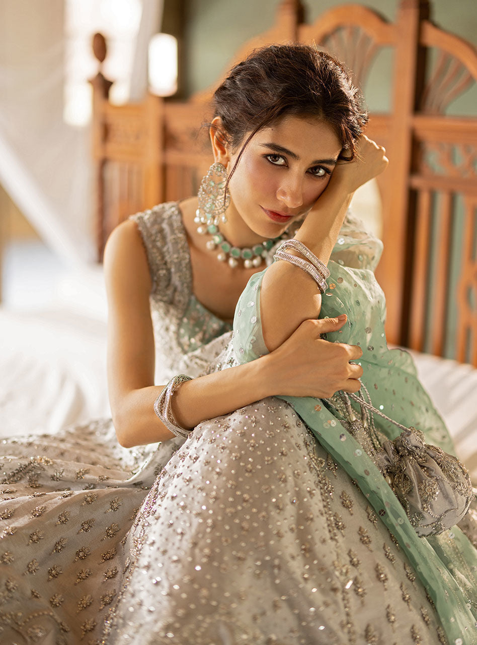 Pakistani Silver Embroidered Brocade Bridal Gown (2-Piece) - Image 13