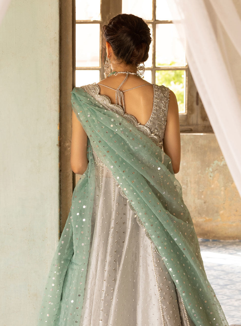 Pakistani Silver Embroidered Brocade Bridal Gown (2-Piece) - Image 14