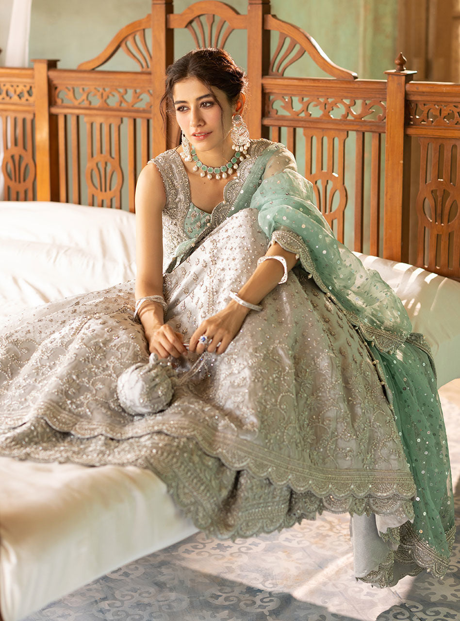 Pakistani Silver Embroidered Brocade Bridal Gown (2-Piece) - Image 15
