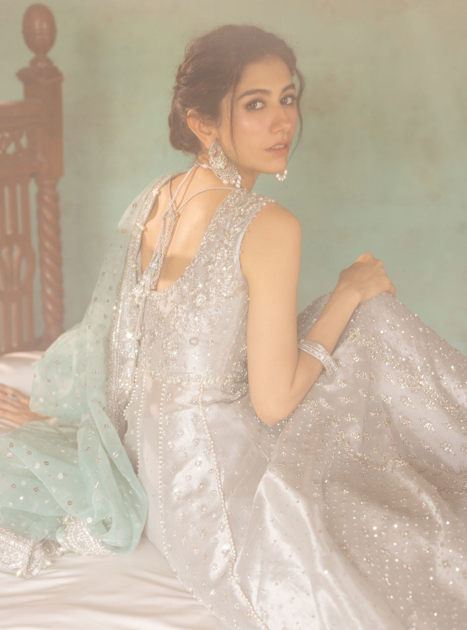 Pakistani Silver Embroidered Brocade Bridal Gown (2-Piece) - Image 16