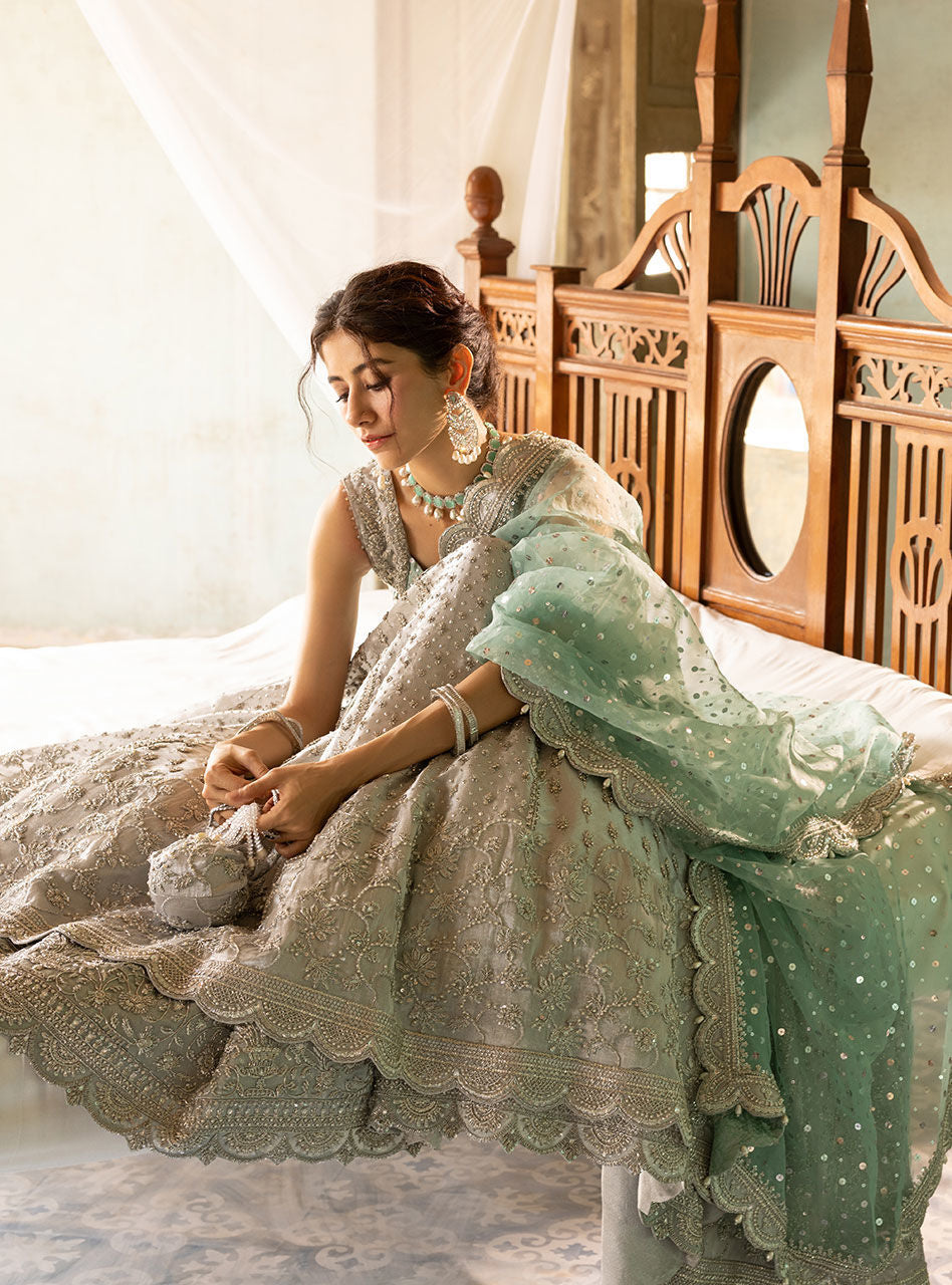 Pakistani Silver Embroidered Brocade Bridal Gown (2-Piece) - Image 8