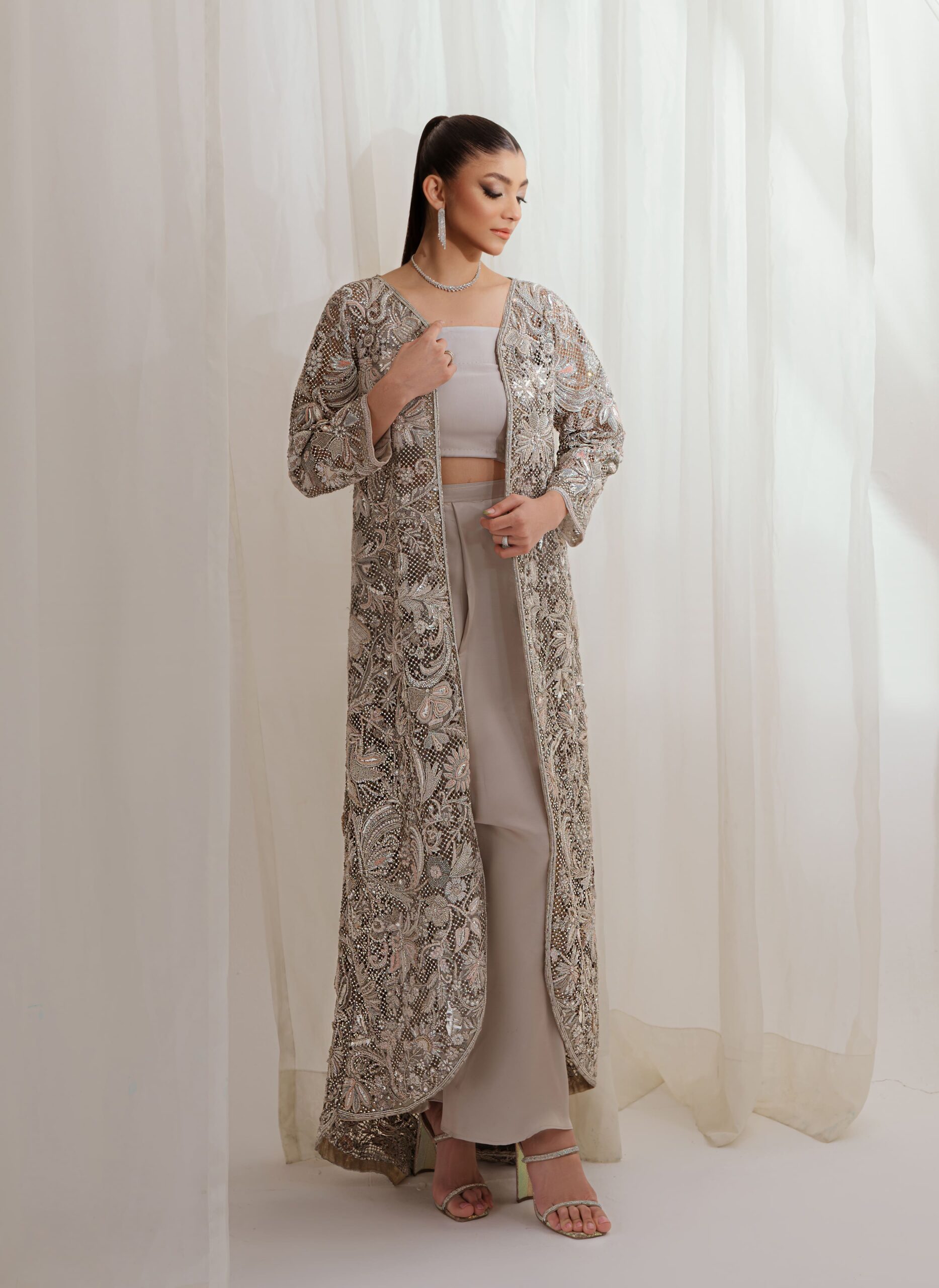 Silver Embellished Cutwork Net Jacket Gown (3-Piece) - Image 1