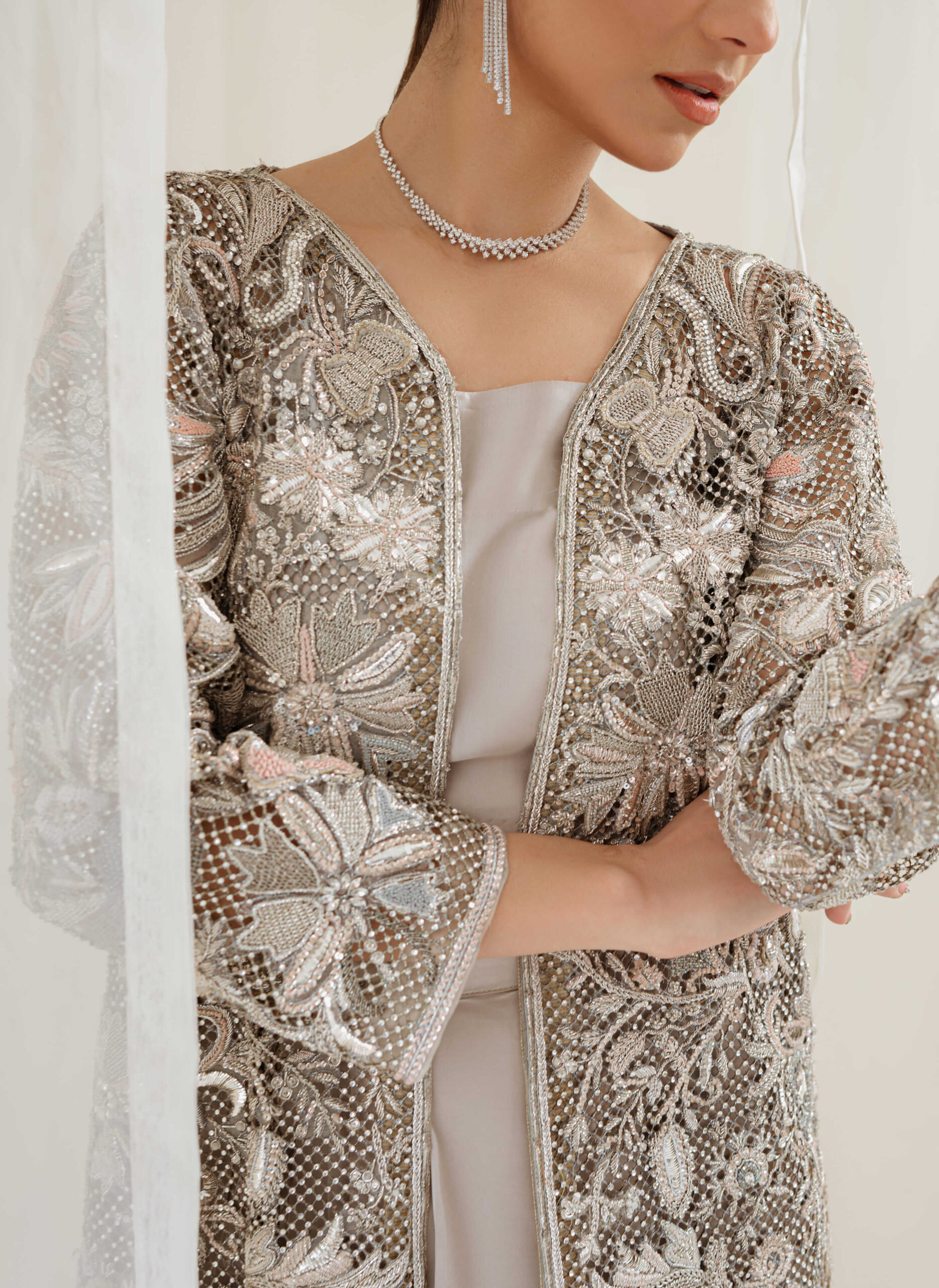 Silver Embellished Cutwork Net Jacket Gown (3-Piece) - Image 2
