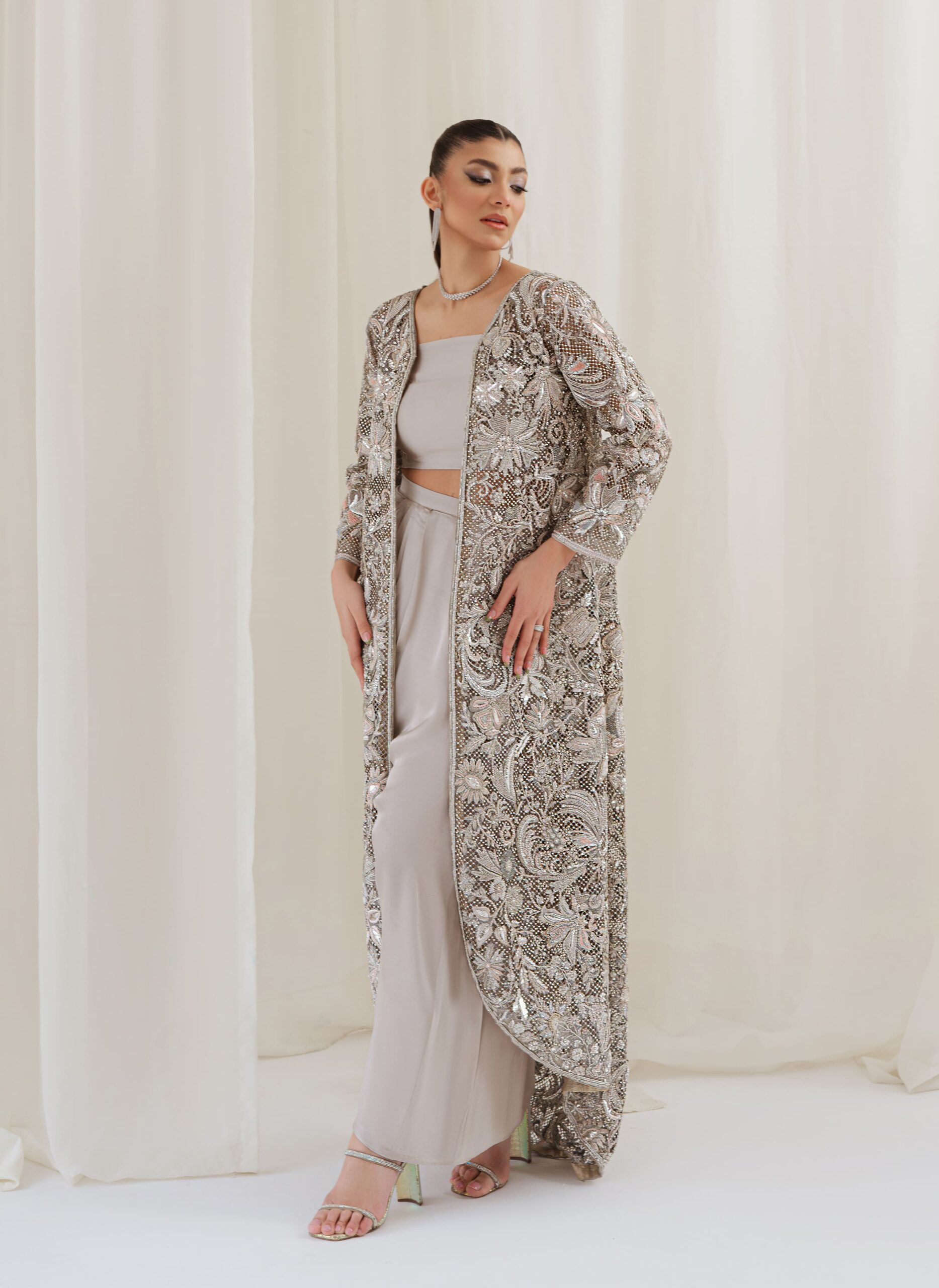 Silver Embellished Cutwork Net Jacket Gown (3-Piece) - Image 3