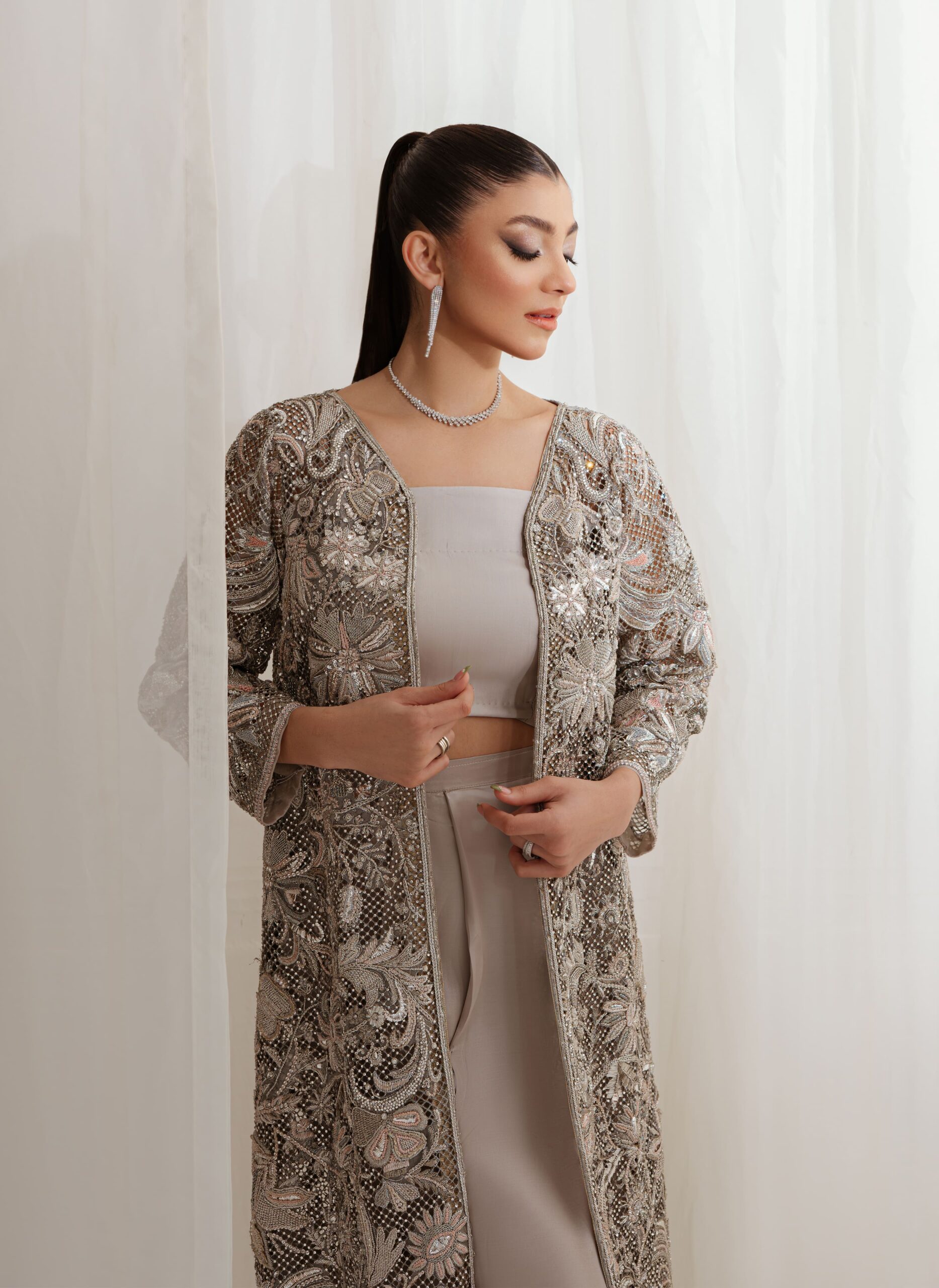 Silver Embellished Cutwork Net Jacket Gown (3-Piece) - Image 4