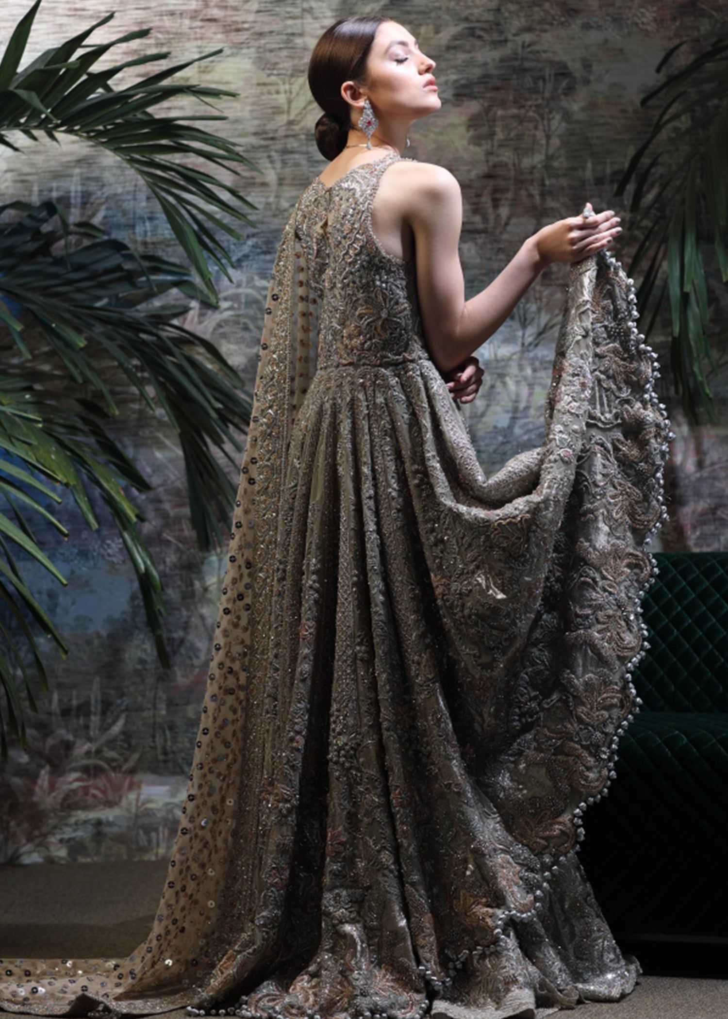 Muted Silver Embellished Net Bridal Gown (2-Piece) - Image 1