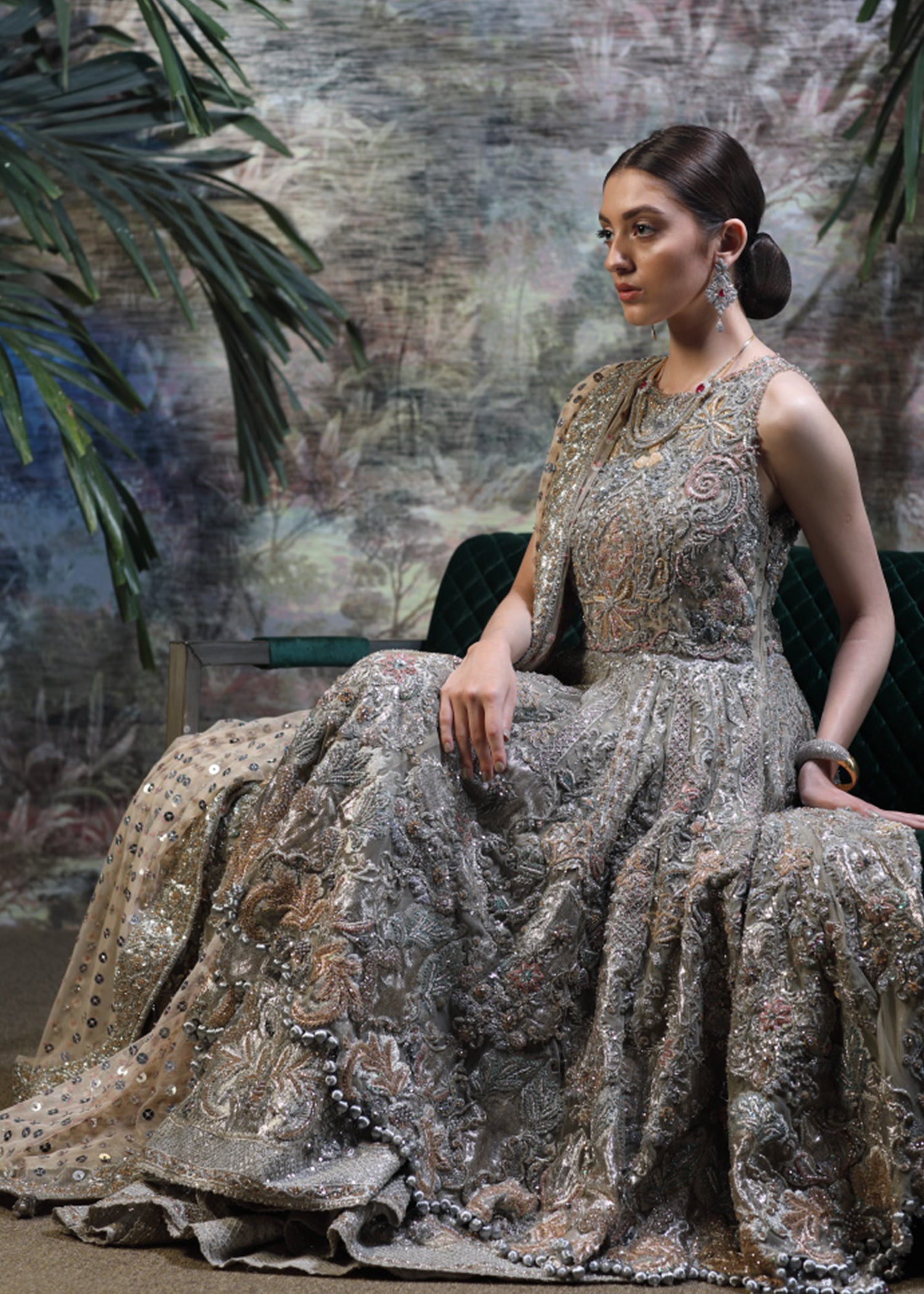 Muted Silver Embellished Net Bridal Gown (2-Piece) - Image 5