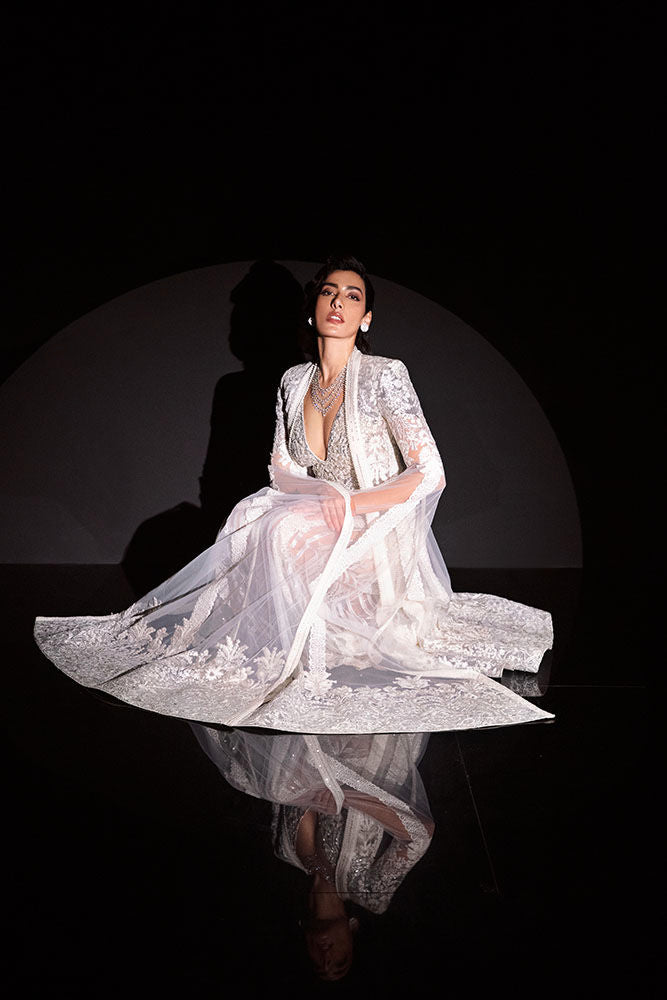 Silver Swarovski Embroidered French Mesh Gown (1-Pc) - Image 4