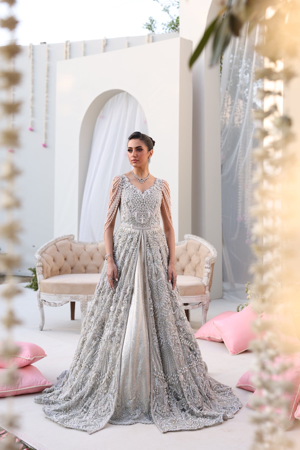 Silver Beaded Net Gown with Jamawar Lehnga (3-Piece) - Image 1