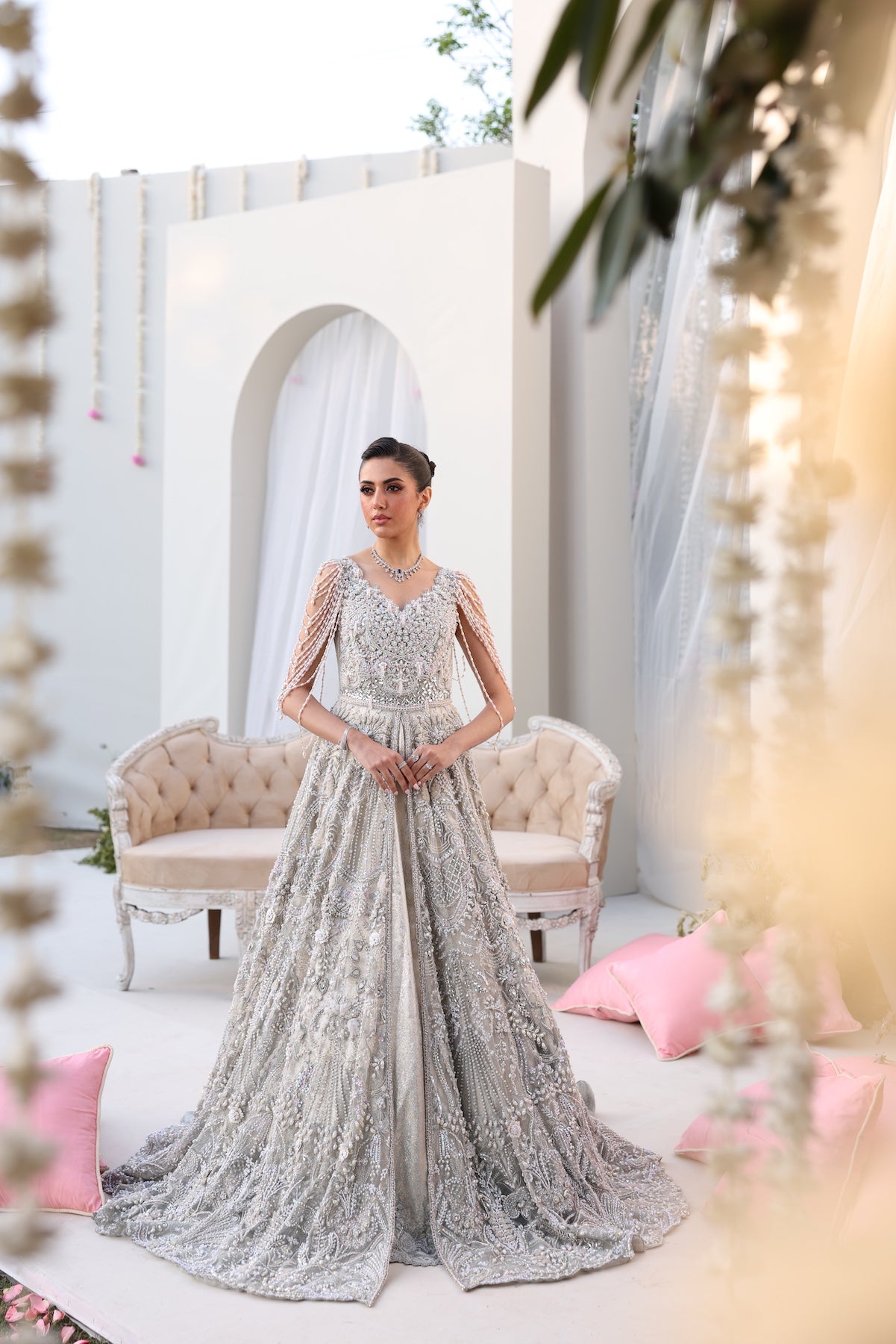 Silver Beaded Net Gown with Jamawar Lehnga (3-Piece) - Image 11