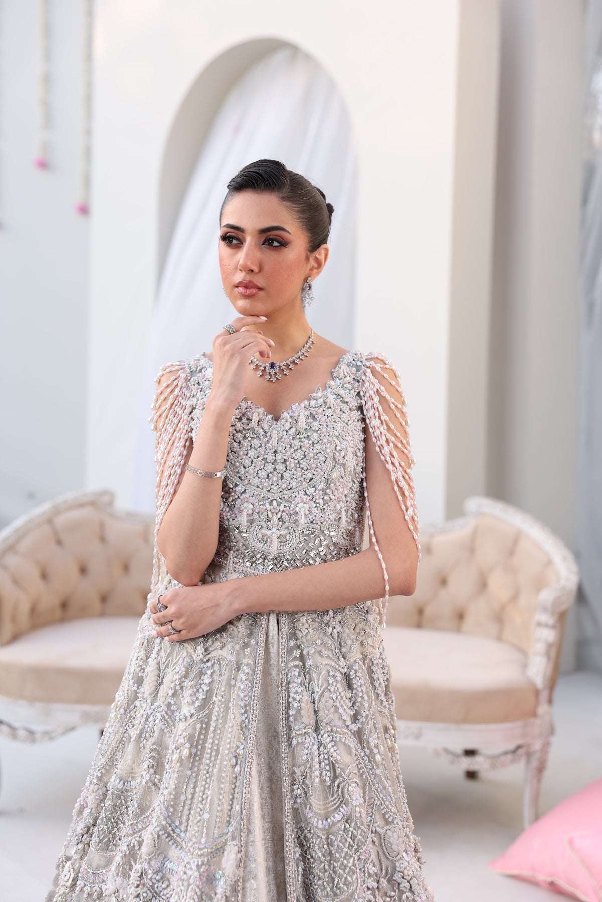 Silver Beaded Net Gown with Jamawar Lehnga (3-Piece) - Image 2
