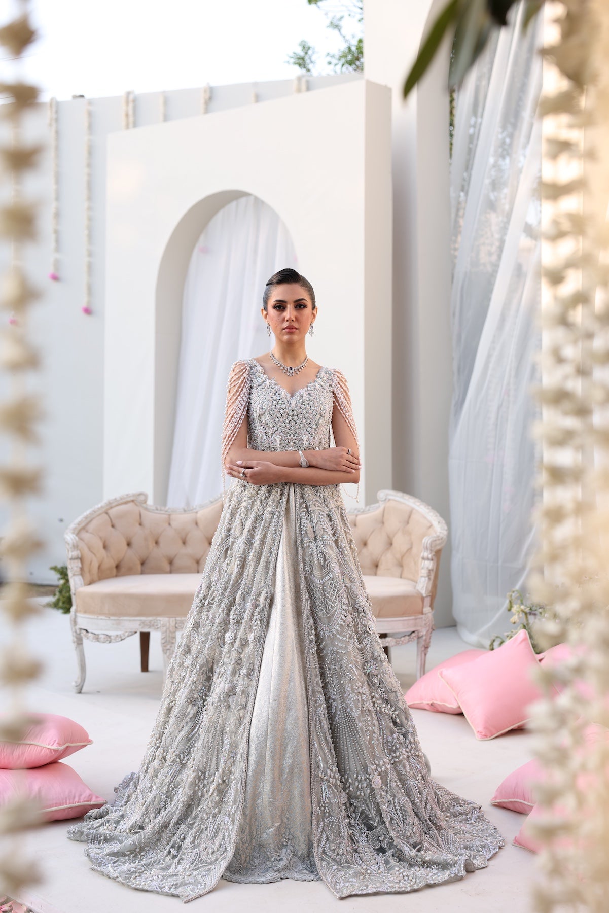 Silver Beaded Net Gown with Jamawar Lehnga (3-Piece) - Image 3