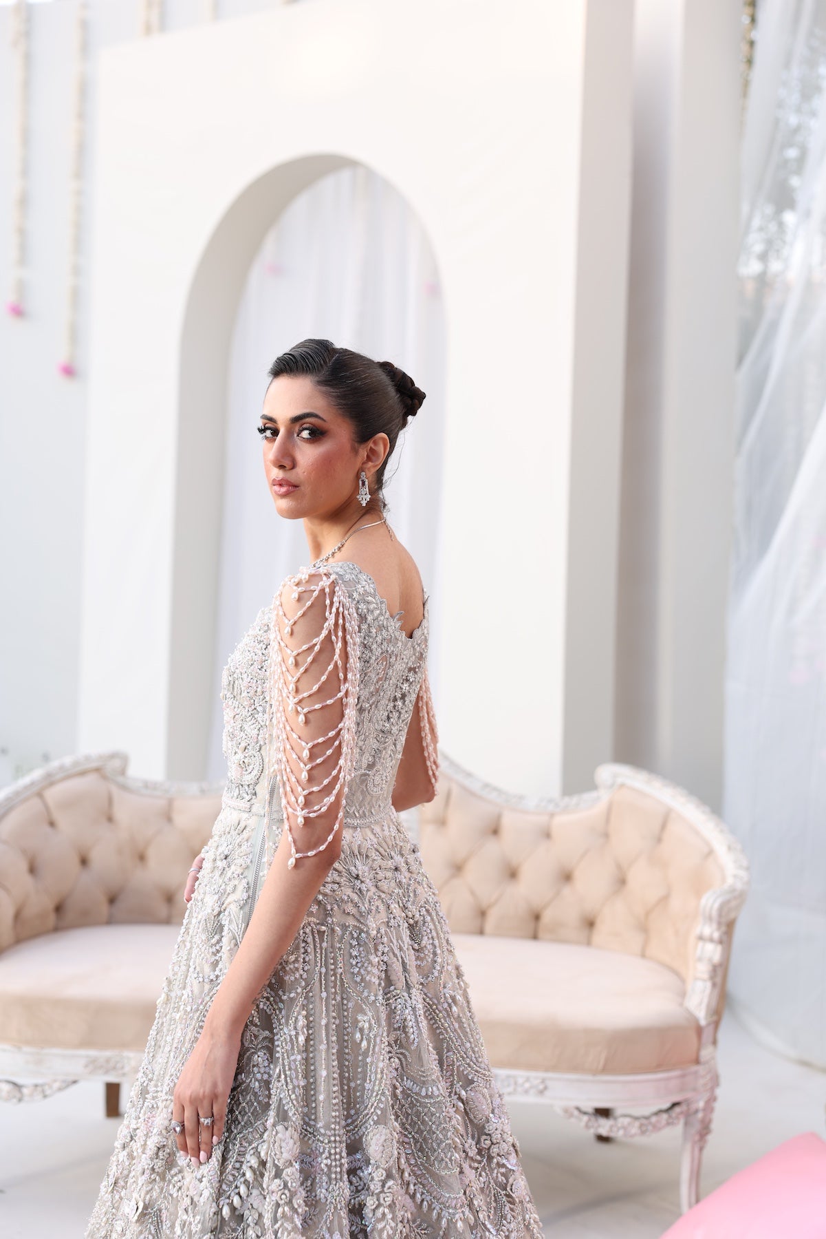 Silver Beaded Net Gown with Jamawar Lehnga (3-Piece) - Image 4