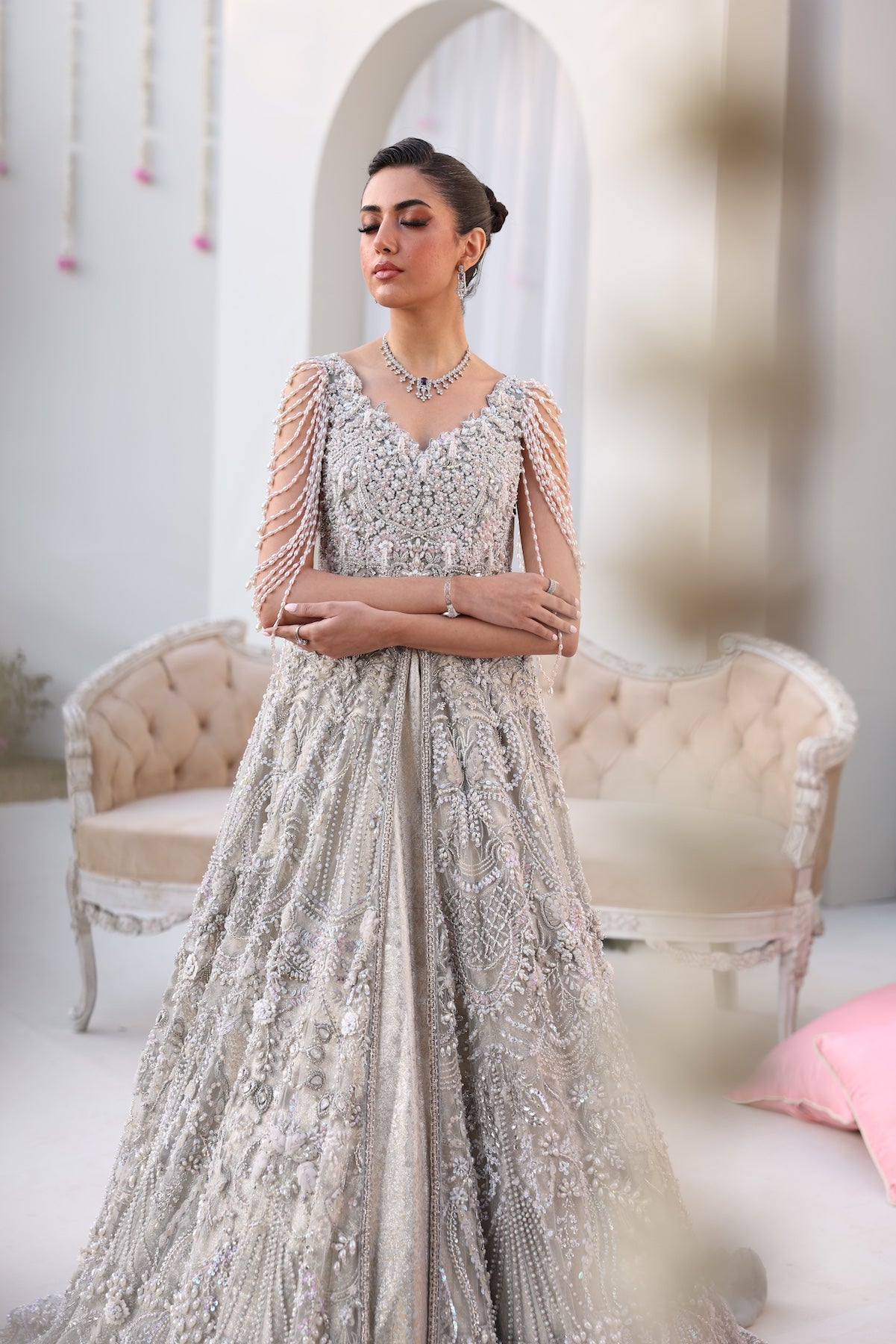 Silver Beaded Net Gown with Jamawar Lehnga (3-Piece) - Image 5