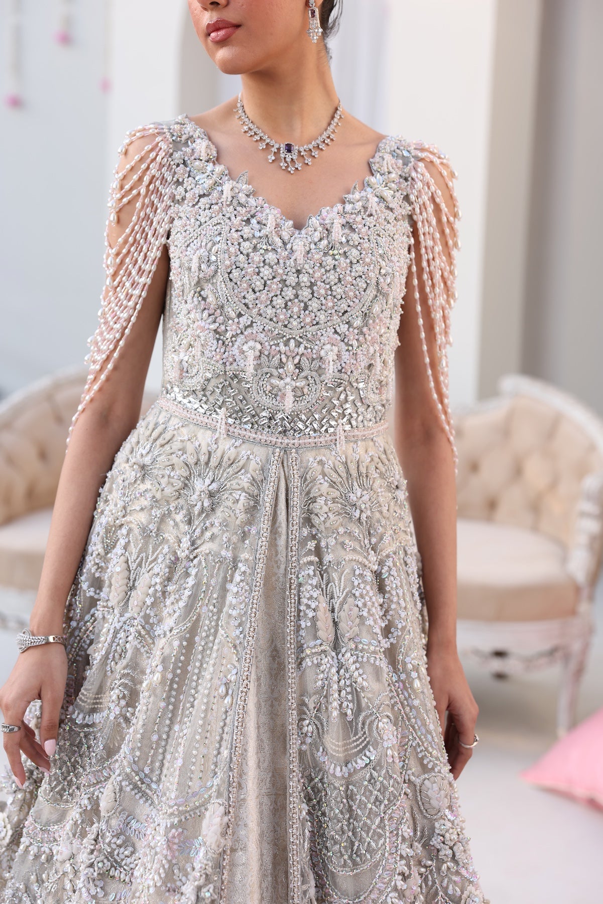 Silver Beaded Net Gown with Jamawar Lehnga (3-Piece) - Image 7