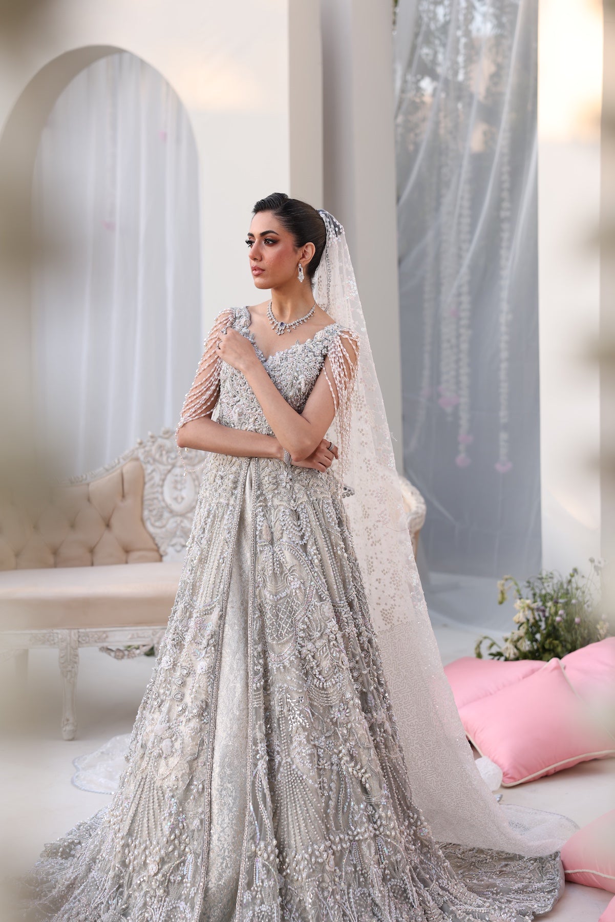 Silver Beaded Net Gown with Jamawar Lehnga (3-Piece) - Image 8