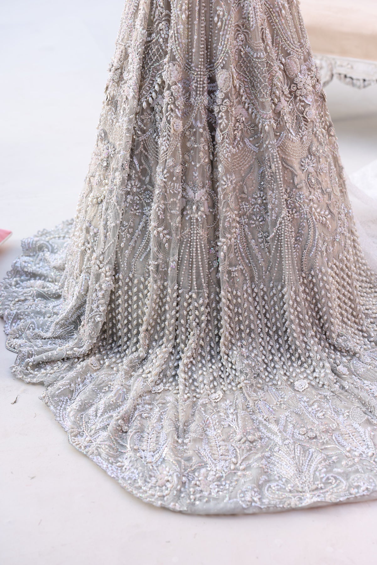 Silver Beaded Net Gown with Jamawar Lehnga (3-Piece) - Image 9